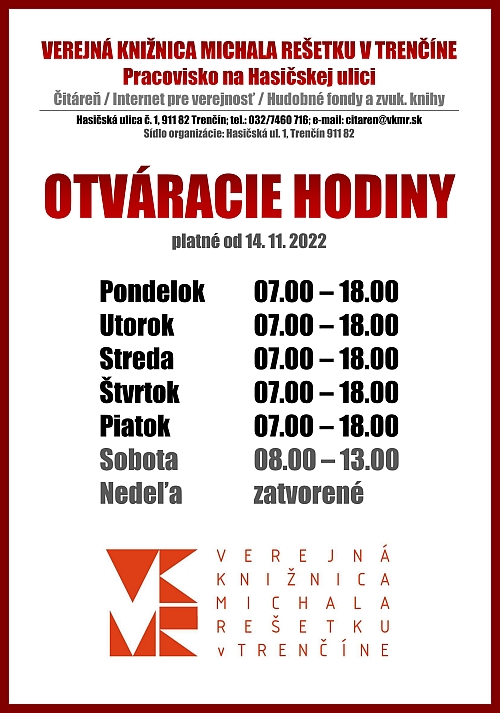 Otváracie hodiny - čitáreň (14. 11. 2022)