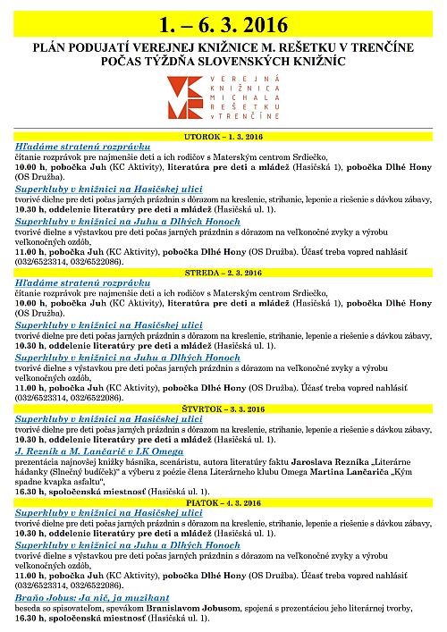 Týždeň slovenských knižníc 2016 - harmonogram podujatí vo VKMR