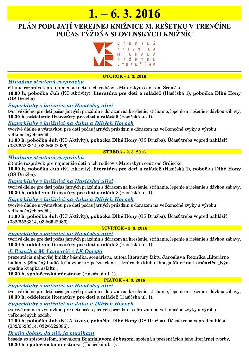 Týždeň slovenských knižníc 2016 - harmonogram podujatí vo VKMR