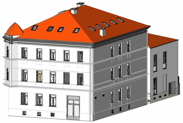 Model zrekonštruovanej budovy VKMR v Trenčíne zvonku (pohľad z Palackého ulice). Zdroj: AFRY CZ