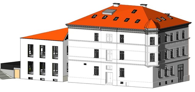 Model zrekonštruovanej budovy VKMR v Trenčíne zvonku (pohľad z Hasičskej ulice). Zdroj: AFRY CZ