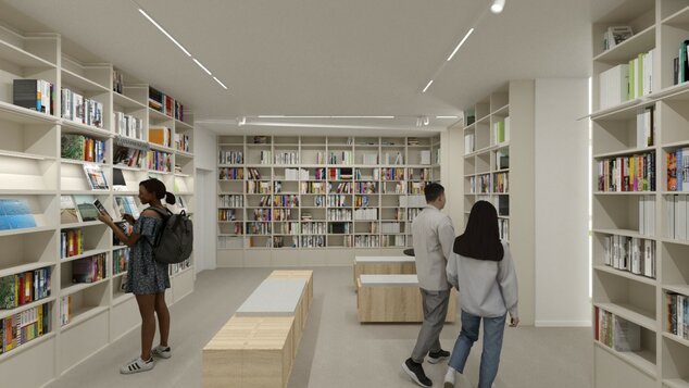 Prízemie je venované krásnej literatúre. Zdroj: Patyzone design.