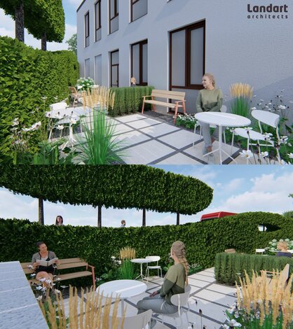 Na zadnom dvore knižnice vyrastie letná terasa. Zdroj: Patyzone design / Landart architects.