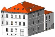 Model zrekonštruovanej budovy VKMR v Trenčíne zvonku (pohľad z Palackého ulice). Zdroj: AFRY CZ