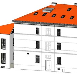 Model zrekonštruovanej budovy VKMR v Trenčíne zvonku (pohľad z Hasičskej ulice). Zdroj: AFRY CZ